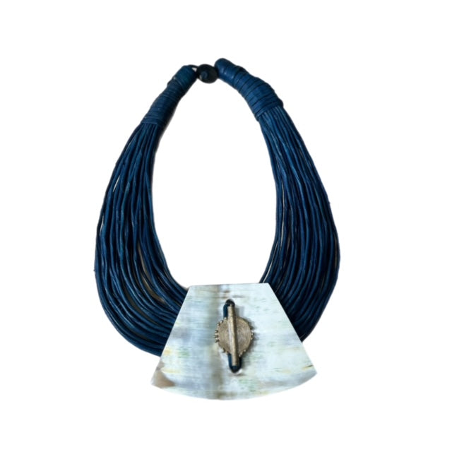 Leather Blue Strand Necklace (Bone)